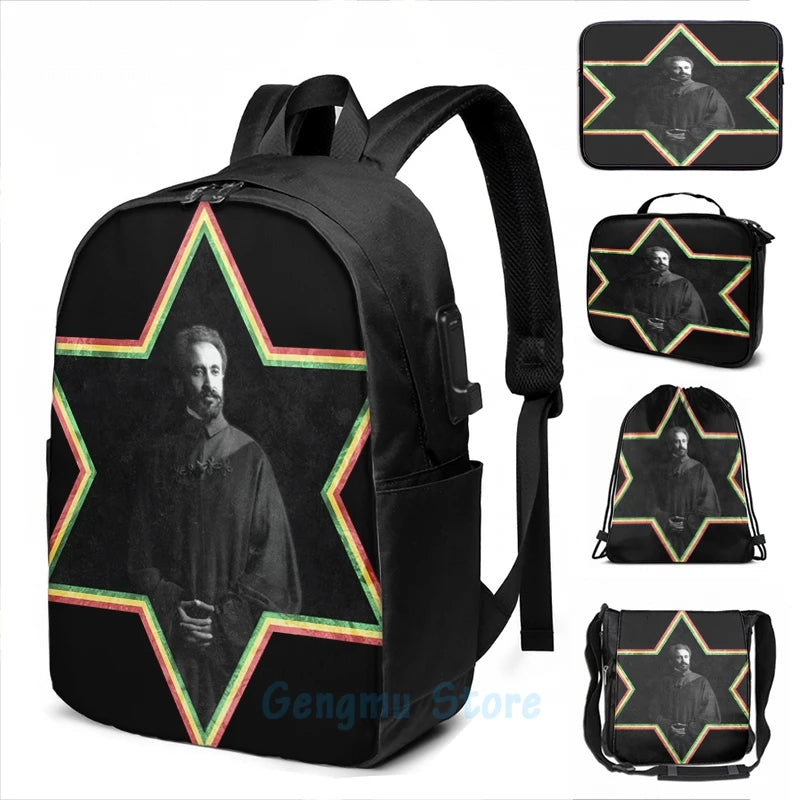 Funny Graphic print Haile Selassie Star of David USB Charge Backpack