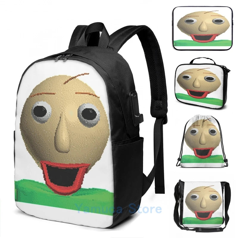 Happy Baldi Graphic Print USB Charge Backpack Men School Travel Laptop Bag
