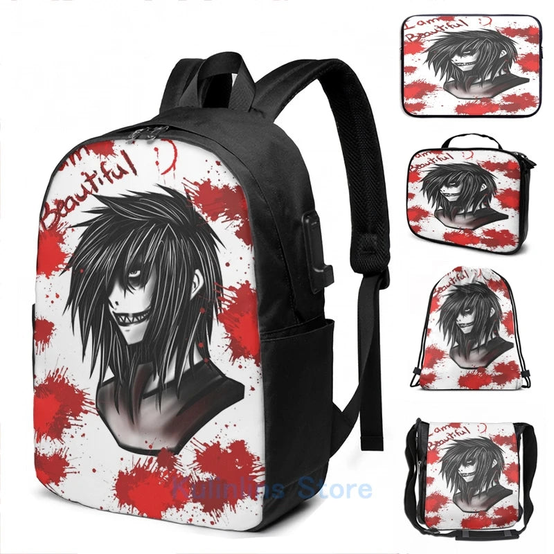 Funny Graphic Jeff the Killer USB Charge Backpack - School Travel Laptop Bag
