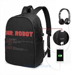 Funny MR ROBOT fsociety00 USB Charge Backpack School Travel Laptop Bag