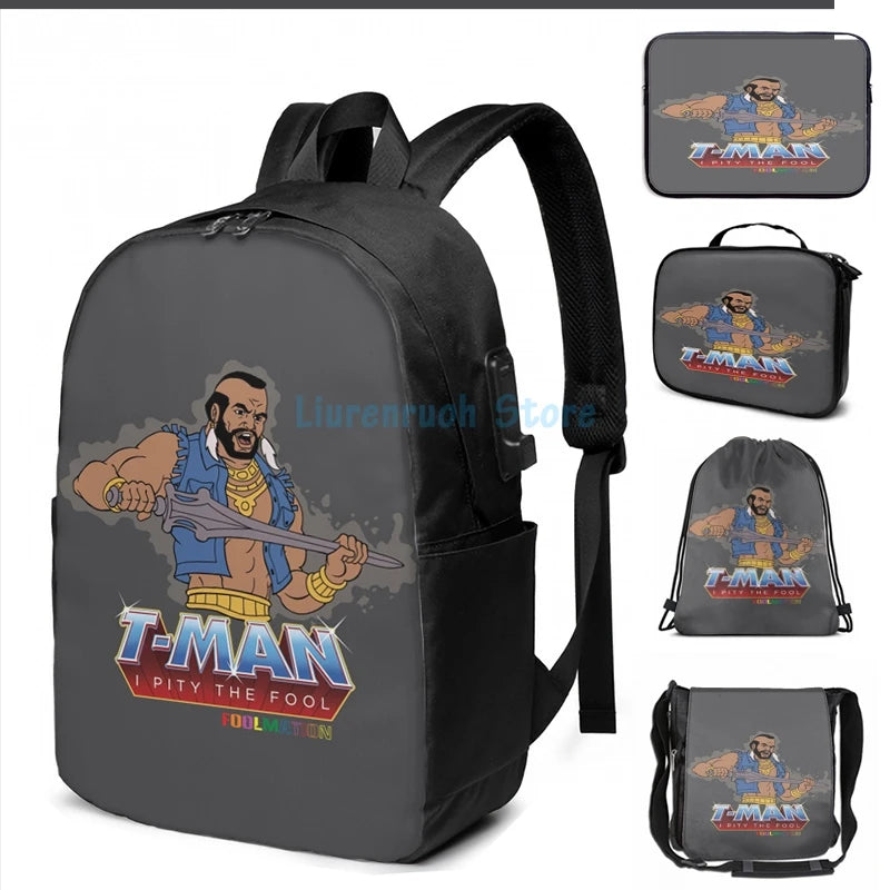 Funny Graphic T-Man USB Charge Backpack School Travel Laptop Bag