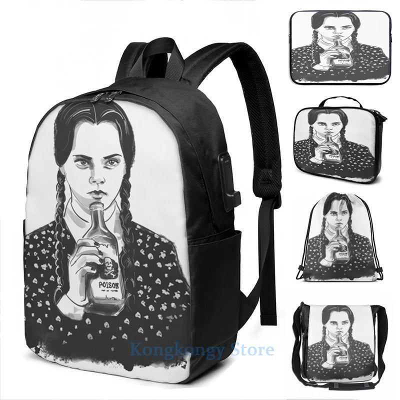 Funny Graphic print Wednesday Addams USB Charge Backpack School Travel