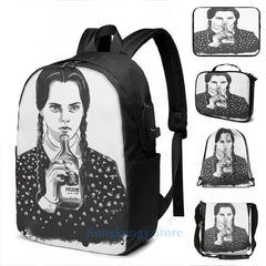 Funny Graphic print Wednesday Addams USB Charge Backpack School Travel