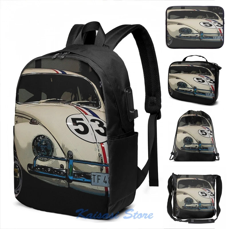 Funny Graphic Print Herbie USB Charge Backpack School Travel Laptop Bag