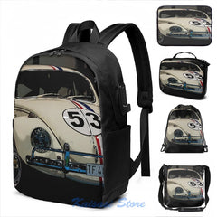 Funny Graphic Print Herbie USB Charge Backpack School Travel Laptop Bag