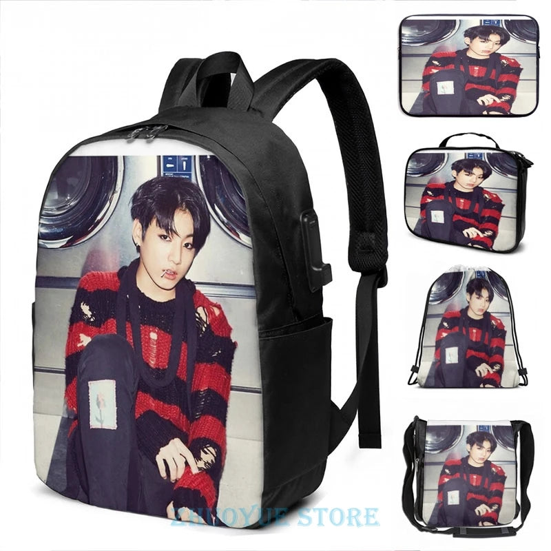 Funny Graphic Print Jungkook USB Charge Backpack School Travel Laptop Bag