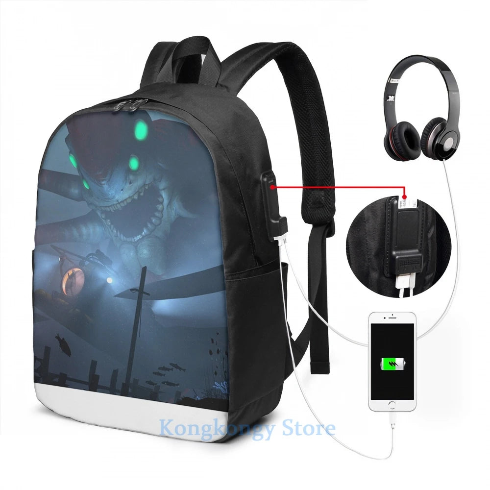 Funny Subnautica USB Charge Backpack - School Travel Laptop Bag