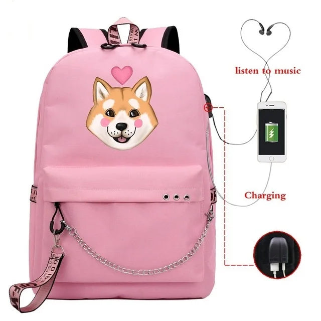 Funny Shiba Inu USB Charge Laptop Backpack for Teen Girls Women