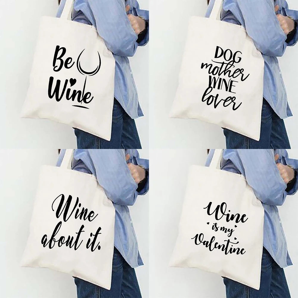 Funny Wine Print Women Shoulder Bag Female Cotton Canvas Tote Bag