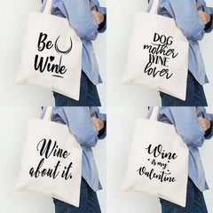 Funny Wine Print Women Shoulder Bag Female Cotton Canvas Tote Bag