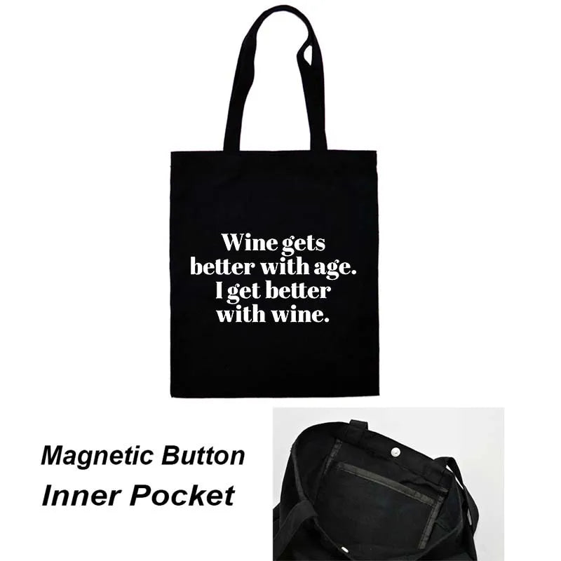 Funny Wine Print Women Shoulder Bag Female Cotton Canvas Tote Bag