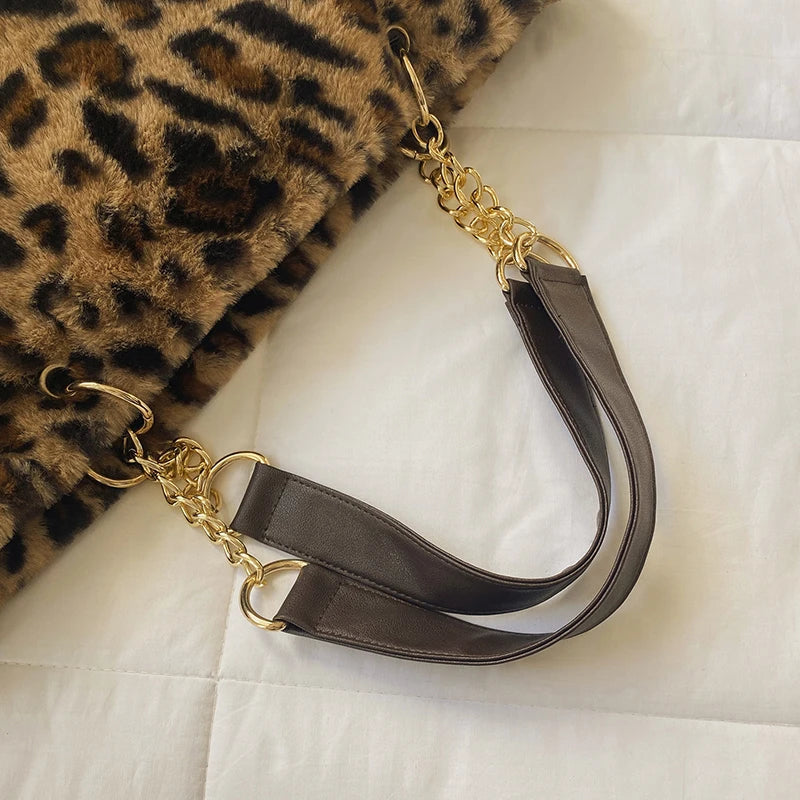 Leopard Print Crossbody Bag Women Winter Warm Large Capacity Clutch