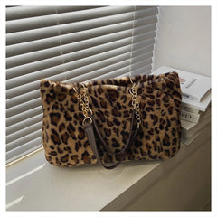 Leopard Print Crossbody Bag Women Winter Warm Large Capacity Clutch