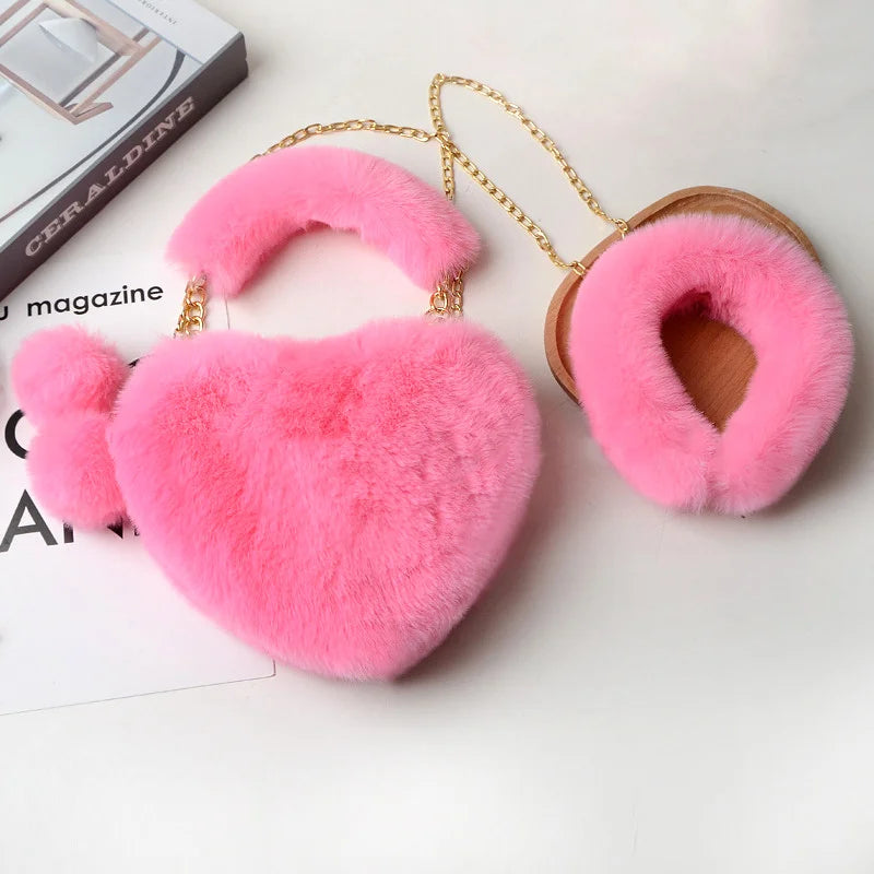 Faux Fur Heart Purse & Headband Set Lady Handbag