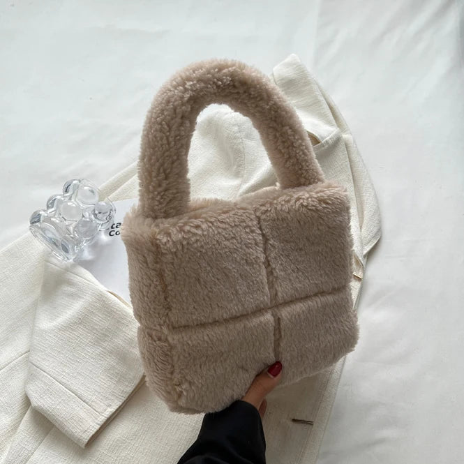 Faux Fur Ladies Bucket Shoulder Purse Retro Plain Women Handbag