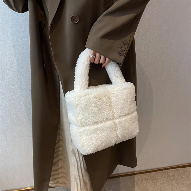 Faux Fur Ladies Bucket Shoulder Purse Retro Plain Women Handbag