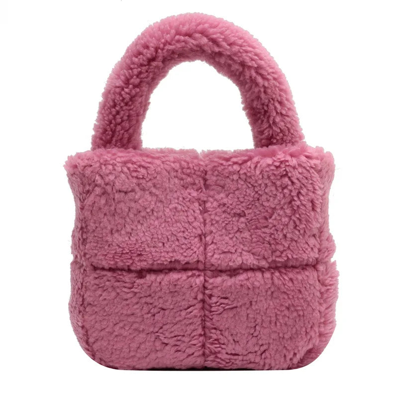 Faux Fur Ladies Bucket Shoulder Purse Retro Plain Women Handbag