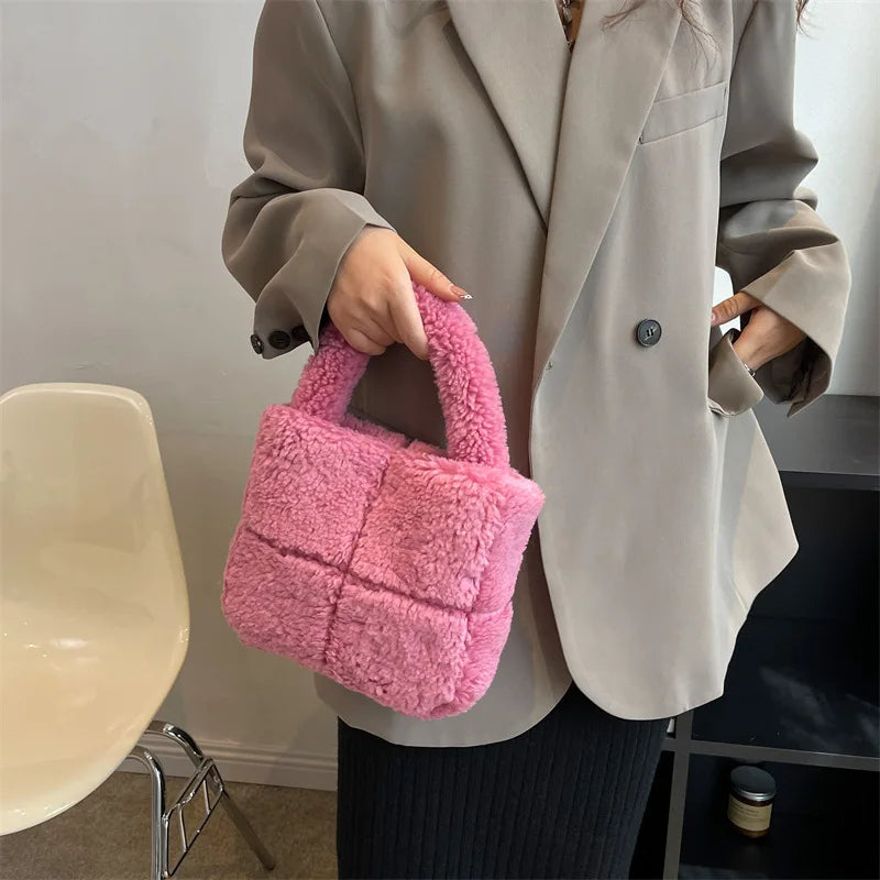 Faux Fur Ladies Bucket Shoulder Purse Retro Plain Women Handbag