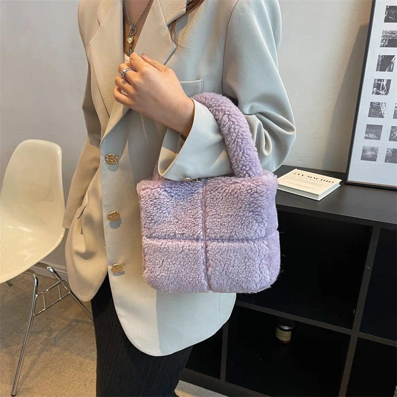 Faux Fur Ladies Bucket Shoulder Purse Retro Plain Women Handbag