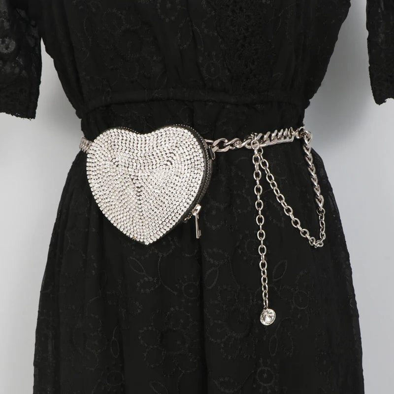 Vintage Women Waist Bag Chain Diamond Fanny Pack Round Chest Bags