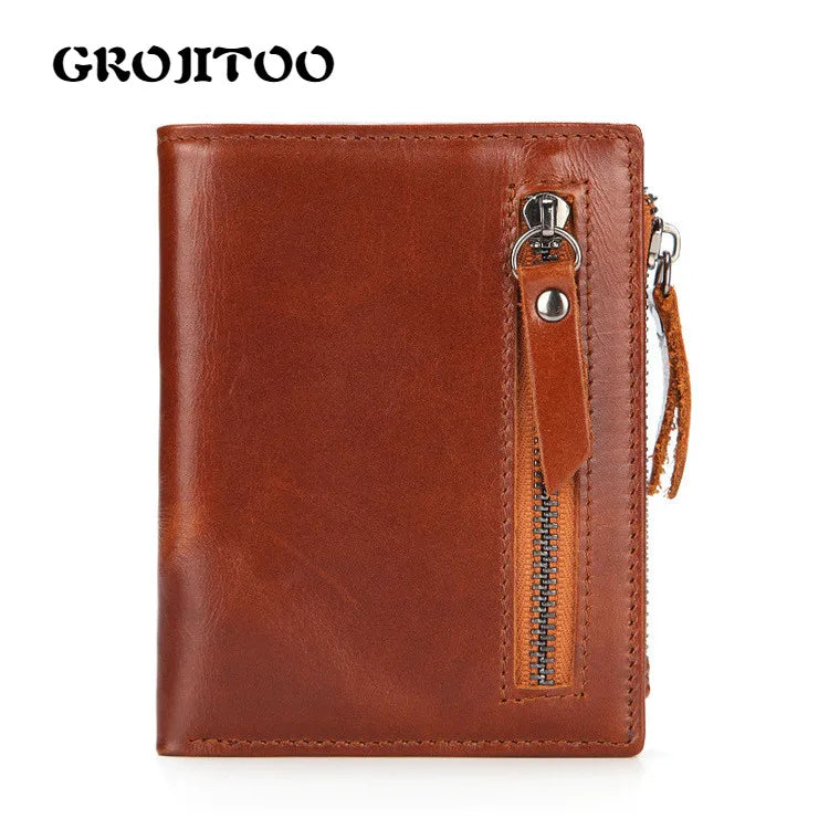 Men's Short Wallet Multi-Functional Zipper Bag Oil Wax Cowhide Wallet