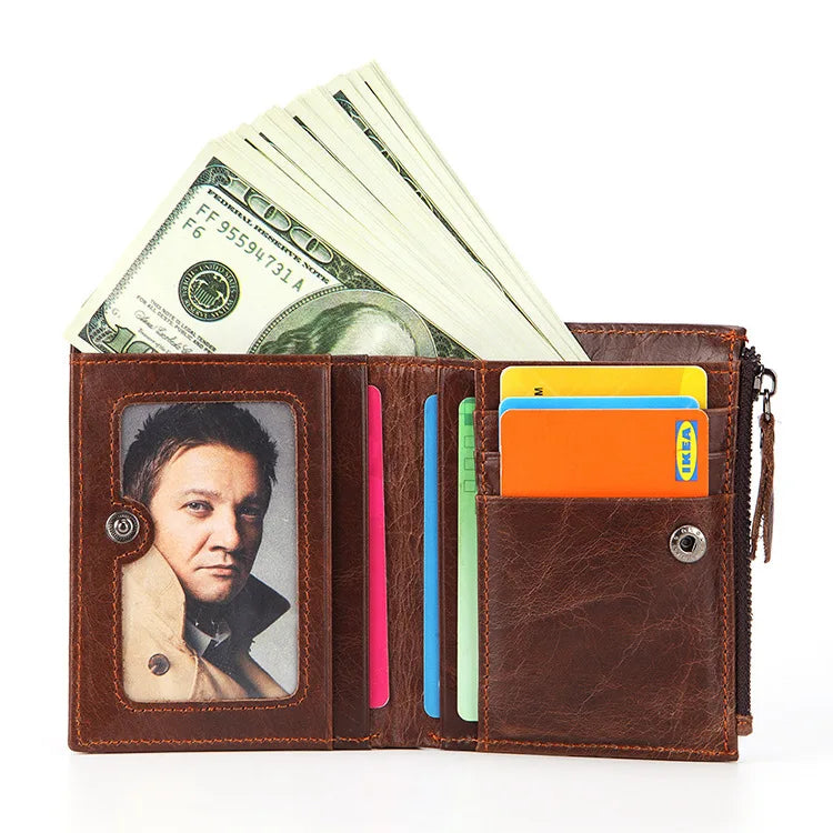 Men's Short Wallet Multi-Functional Zipper Bag Oil Wax Cowhide Wallet