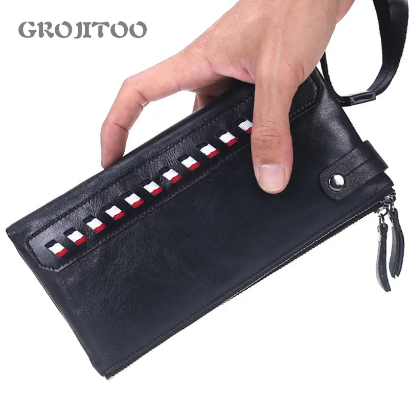 Men's Cowhide Handbag Double Zipper Long Wallet Soft Leather Business Purse