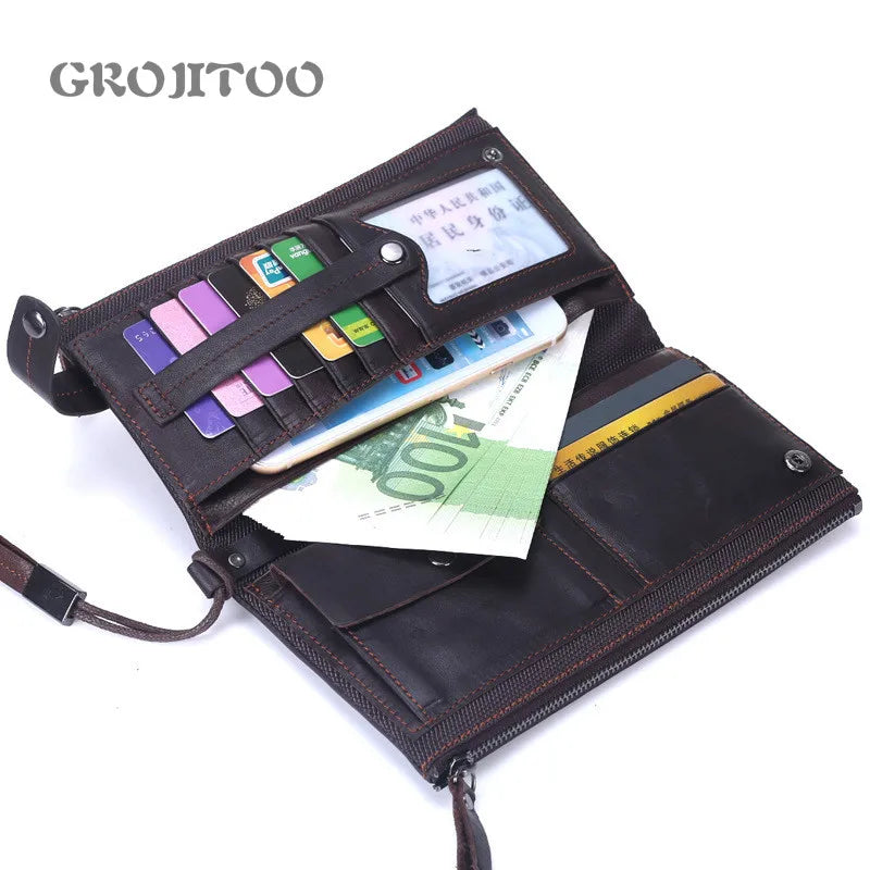Men's Cowhide Handbag Double Zipper Long Wallet Soft Leather Business Purse