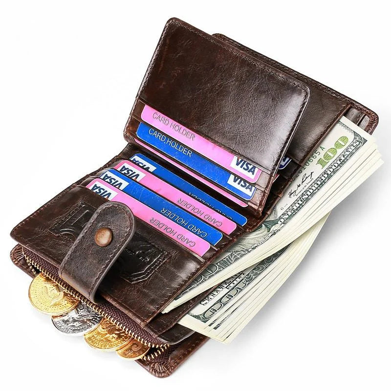 Cowhide Leather Wallet Men Zipper Coin Purse Large Capacity