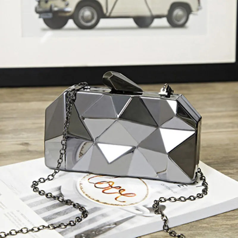 Metal Clutches Hexagon Mini Evening Purse Silver Box Chain Shoulder Bag