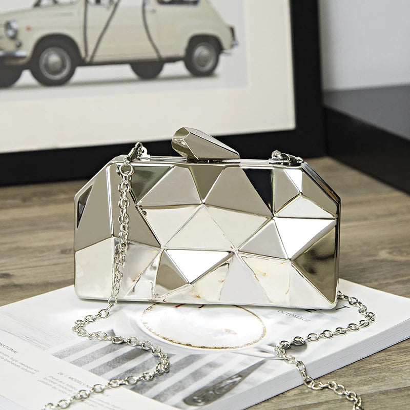 Metal Clutches Hexagon Mini Evening Purse Silver Box Chain Shoulder Bag