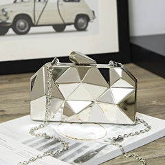 Metal Clutches Hexagon Mini Evening Purse Silver Box Chain Shoulder Bag