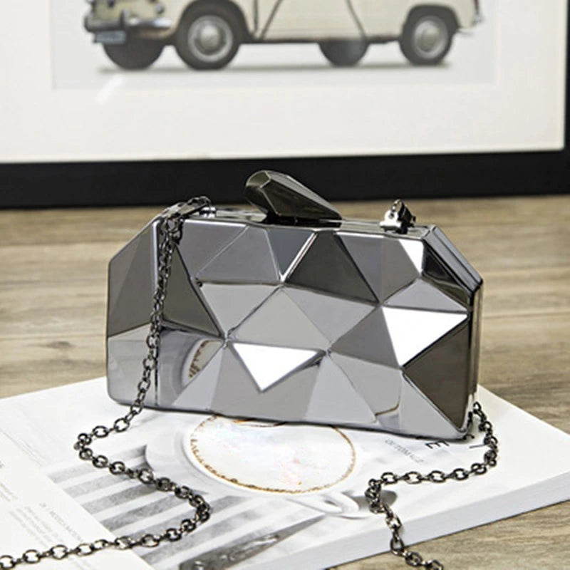 Metal Clutches Hexagon Mini Evening Purse Silver Box Chain Shoulder Bag