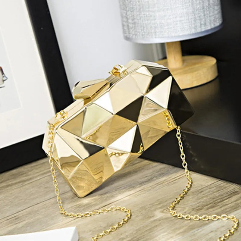 Metal Clutches Hexagon Mini Evening Purse Silver Box Chain Shoulder Bag