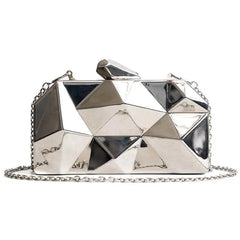 Metal Clutches Hexagon Mini Evening Purse Silver Box Chain Shoulder Bag