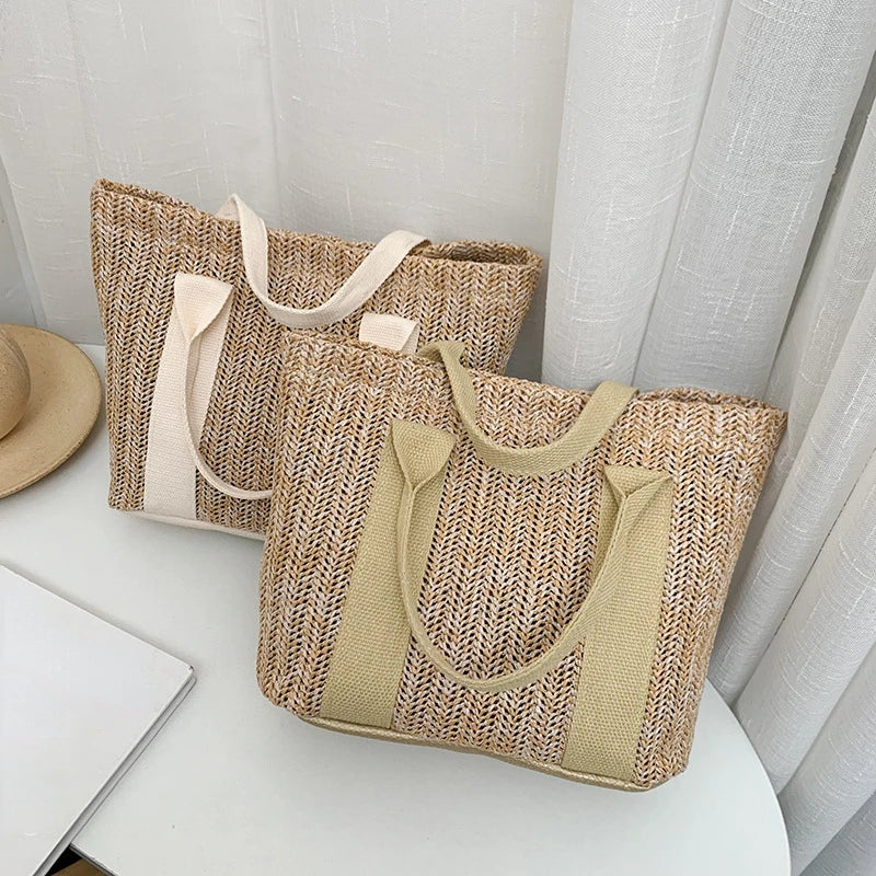 Summer Straw Bags for Women Zipper Tote Handbags