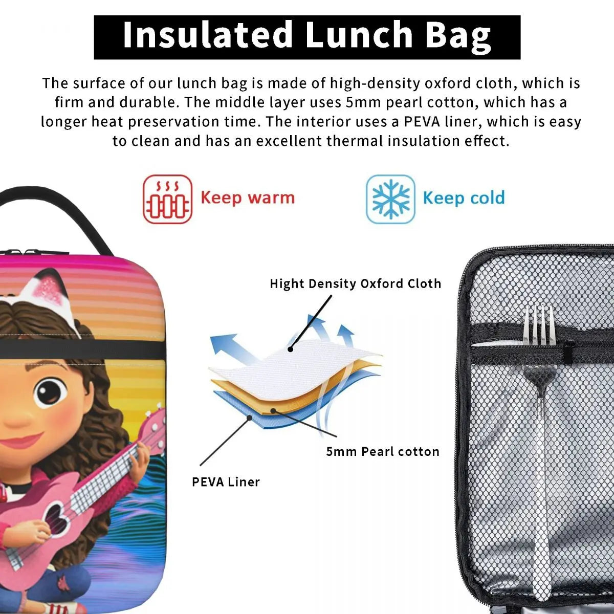 Gabby Cat Anime Dollhouse Insulated Lunch Bag for Work School