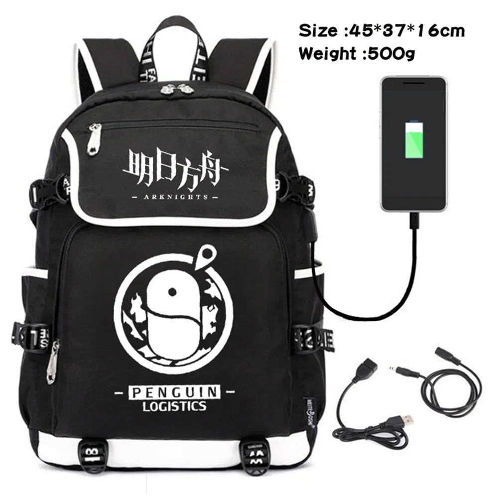 Arknights Canvas Backpack USB Charging Travel Laptop Bag