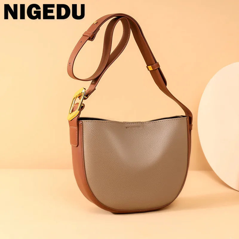 Soft Cowhide Leather Bucket Shoulder Bag for Women