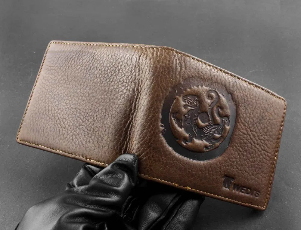Vintage Dragon Style Leather Men Wallet Cowhide Bifold Purse