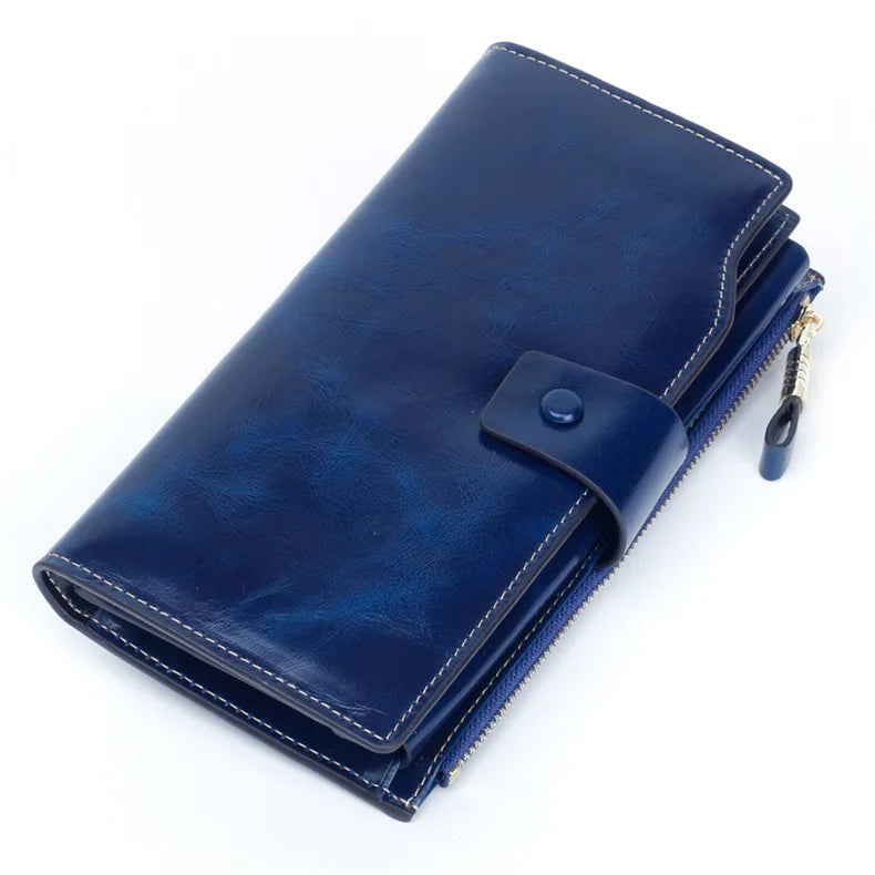 RFID Blocking Long Wallet Women Oil Wax Leather Coin Purse