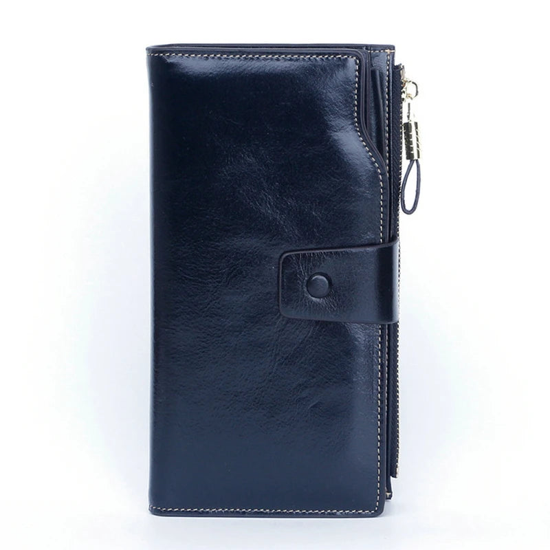 RFID Blocking Long Wallet Women Oil Wax Leather Coin Purse