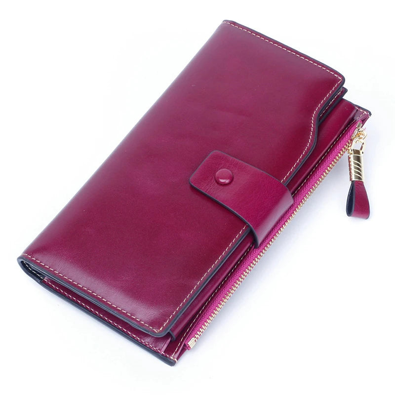 RFID Blocking Long Wallet Women Oil Wax Leather Coin Purse