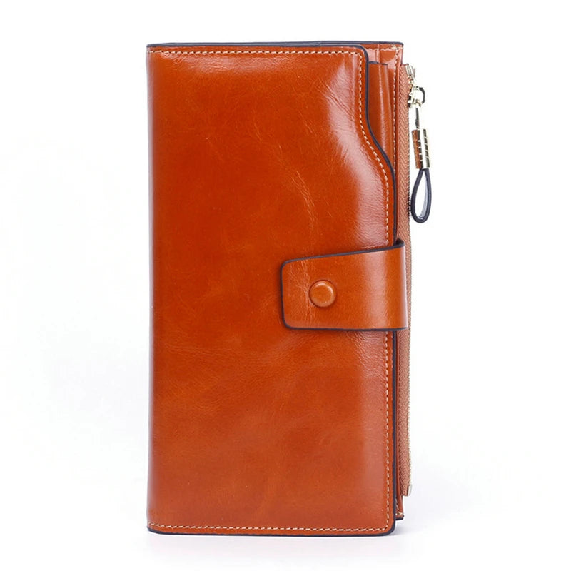 RFID Blocking Long Wallet Women Oil Wax Leather Coin Purse
