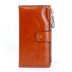 RFID Blocking Long Wallet Women Oil Wax Leather Coin Purse