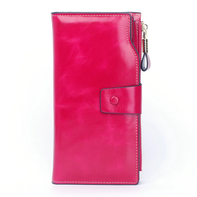 RFID Blocking Long Wallet Women Oil Wax Leather Coin Purse