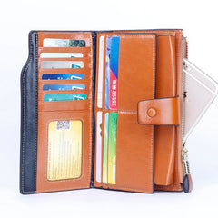 RFID Blocking Long Wallet Women Oil Wax Leather Coin Purse