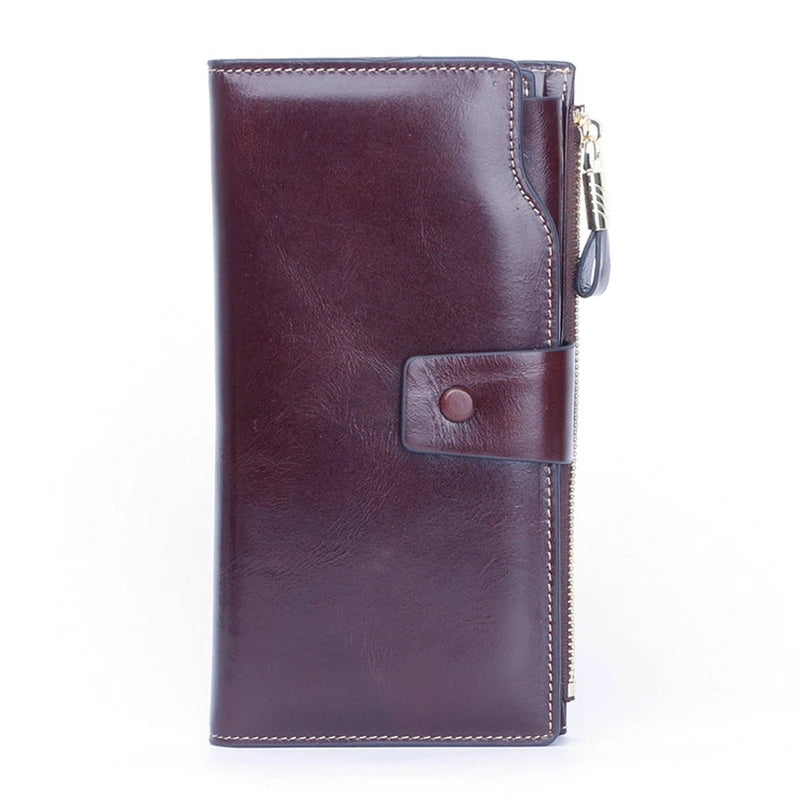 RFID Blocking Long Wallet Women Oil Wax Leather Coin Purse