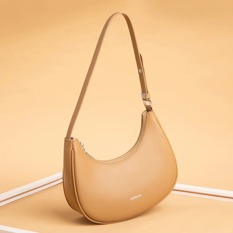 Leather Underarm Women Shoulder Bag Crossbody Bag Cowhide Half Moon Handbags