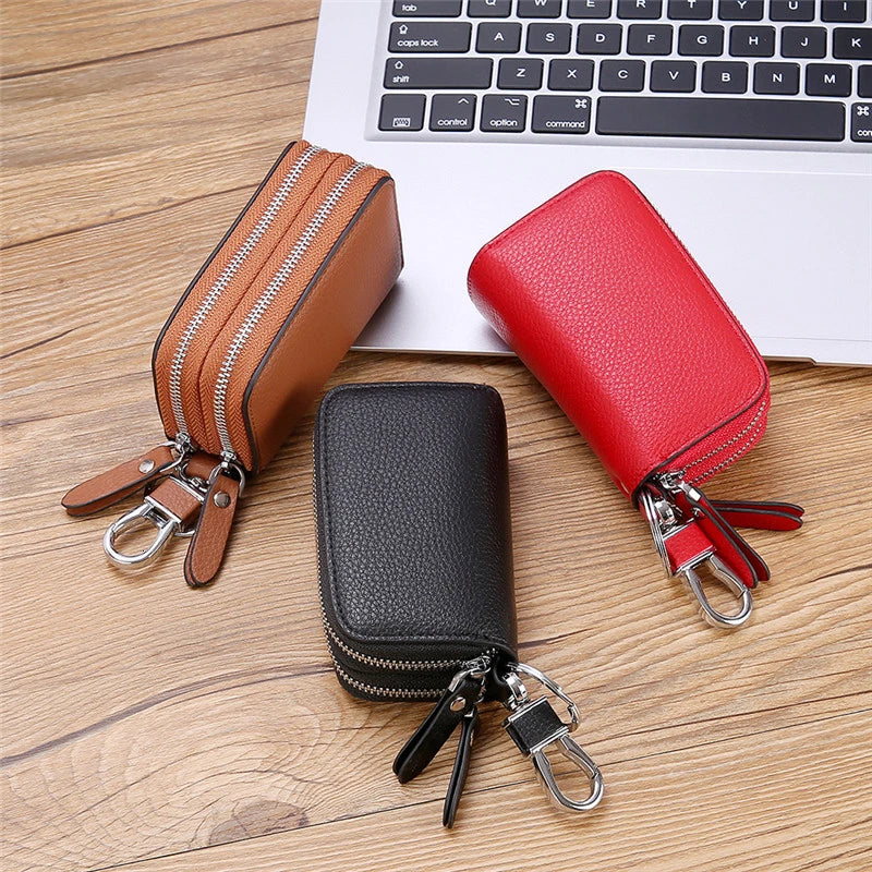 Leather Key Wallet Double Zipper Keychain Case